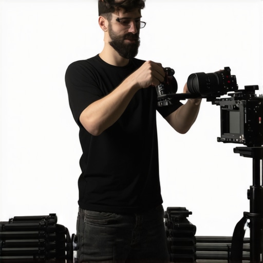 Advanced Camera Rig Setup for Creative Filmmaking Filmmaker adjusting a modular camera rig with accessories in a studio.