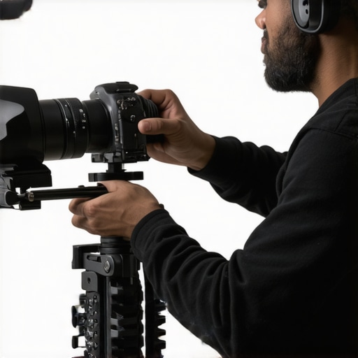 Filmmaker adjusting a lightweight, modular camera rig with ergonomic features in a studio environment.
