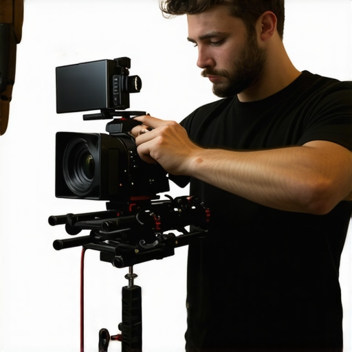 Filmmaker fine-tuning a modular, personalized camera rig in a professional studio