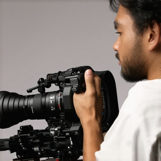 Custom Camera Rig Setup in Action Filmmaker adjusting modular camera rig with accessories in studio