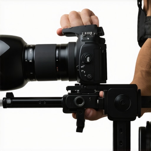 Close-up of a filmmaker gripping a lightweight, modular camera cage with ergonomic design