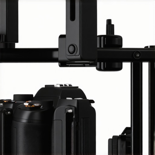 Ergonomic modern camera rig with modular features Close-up of ergonomic camera rig with modular support components.