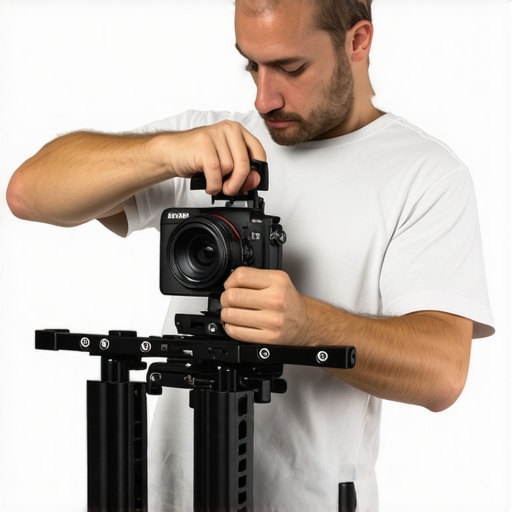 Filmmaker adjusting a modular camera rig with accessories in studio