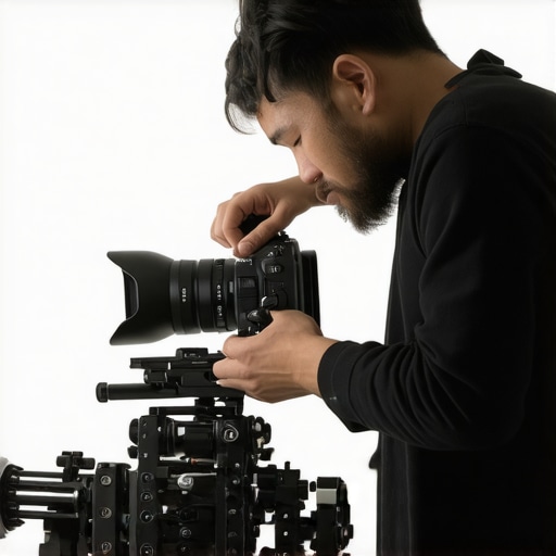 Filmmaker customizing a modular camera rig with accessories in a studio environment.