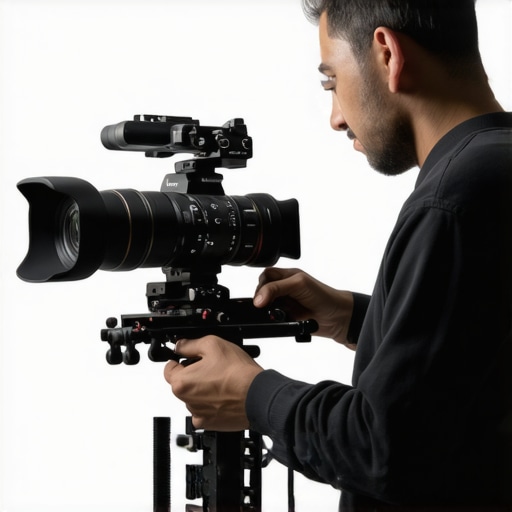 Assembling a Camera Rig Filmmaker attaching accessories to a camera cage with top handle and shoulder rig in studio setting.