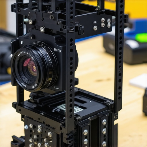 Person assembling a metal camera cage in a workshop.