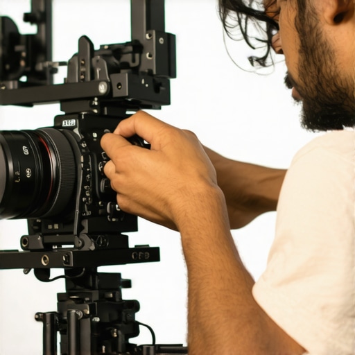 Filmmaker assembling camera cage with accessories in a studio environment