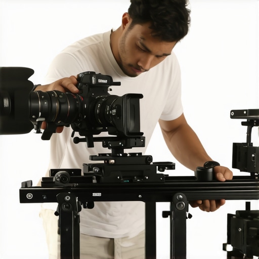 Filmmaker building a camera support system with cage, handle, and shoulder rig