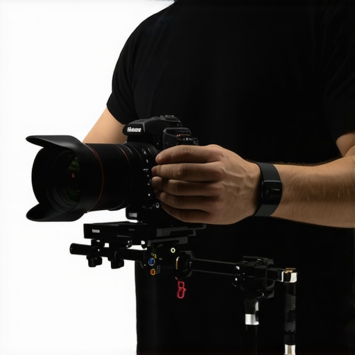 Filmmaker setting up a camera cage and shoulder rig with accessories in a studio