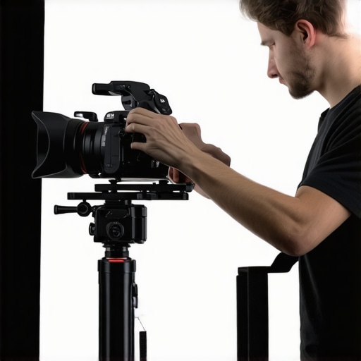 Filmmaker assembling camera support gear with tripod, shoulder rig, cage, and gimbal