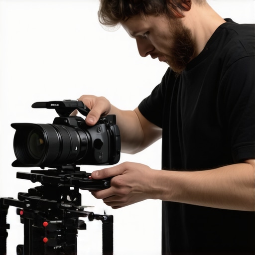 Filmmaker assembling a lightweight camera rig with top handle and accessories in studio