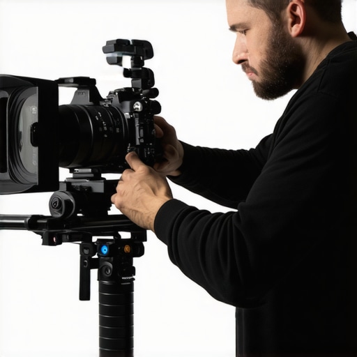 Custom Camera Rig Setup Filmmaker adjusting modular camera support system with accessories
