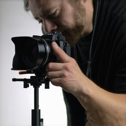 Filmmaker adjusting a stable camera support rig with ergonomic accessories