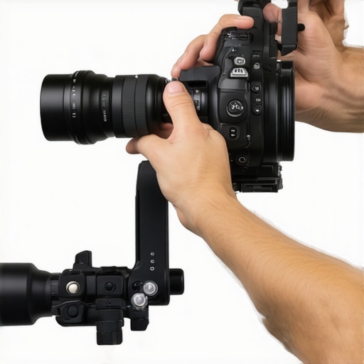 Filmmaker adjusting a camera support system with balanced weights and handles
