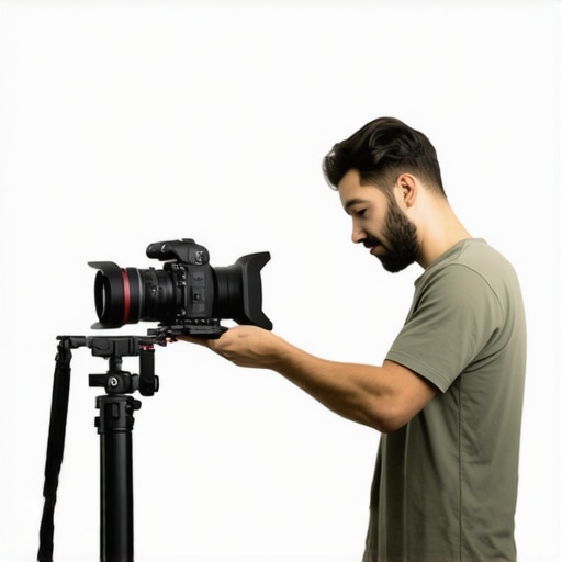 A professional filmmaker assembling a camera cage, handle, and shoulder support in a studio.