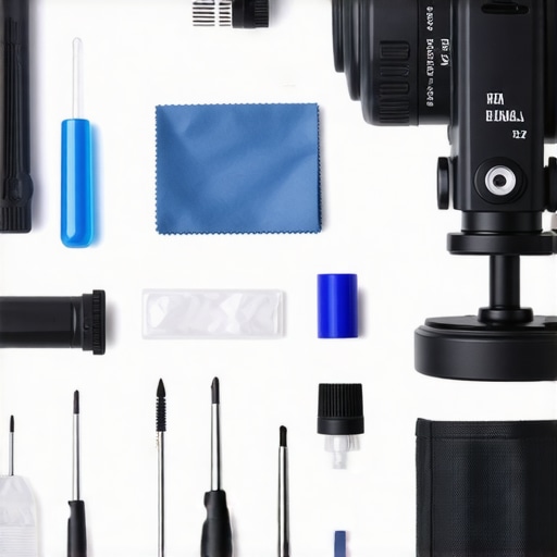 A professional filmmaker's toolkit with screwdrivers, cleaning supplies, and lubricants arranged neatly beside a camera support system.
