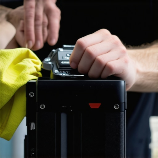 Filmmaker cleaning camera cage and support accessories with tools and microfiber cloth