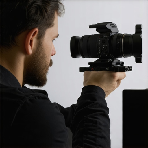 Close-up of a filmmaker adjusting a lightweight camera cage with accessories for stability