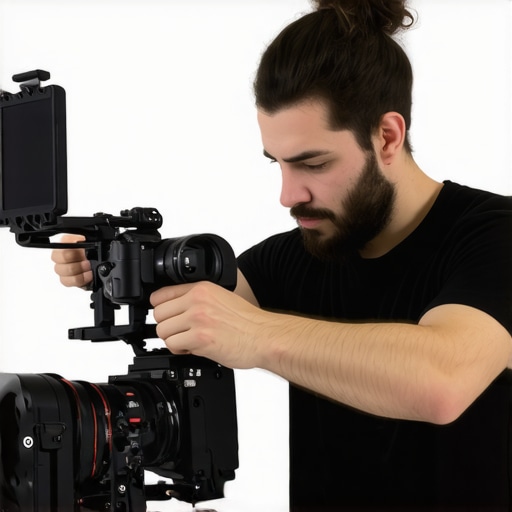 Close-up of a filmmaker adjusting a custom camera cage and handle for stability.