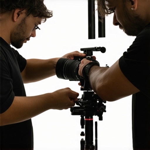 Filmmaker working on a camera support rig with various accessories on set.
