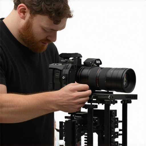 A filmmaker attaching accessories to a camera cage during filming.