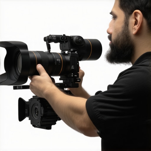 Filmmaker assembling a modular camera support system with top handles and accessories.