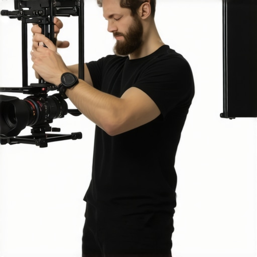 A filmmaker adjusting a camera cage with top handle and shoulder support for filming.
