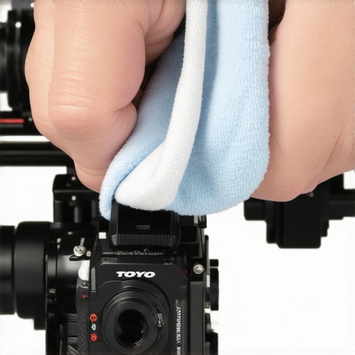 Camera Rig Maintenance in Action. A technician carefully cleaning and maintaining a professional camera rig with microfiber cloth and lubricants, ensuring optimal performance.