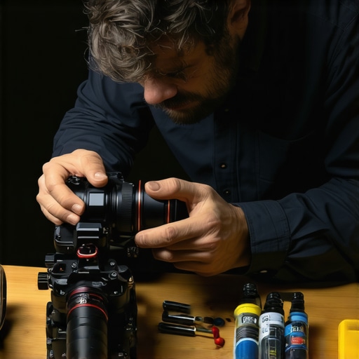 Technician inspecting and lubricating a camera support system with precision tools