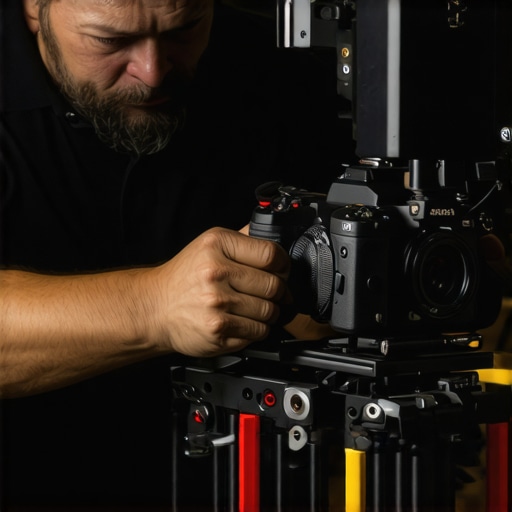 Technician inspecting and maintaining a camera rig with professional tools
