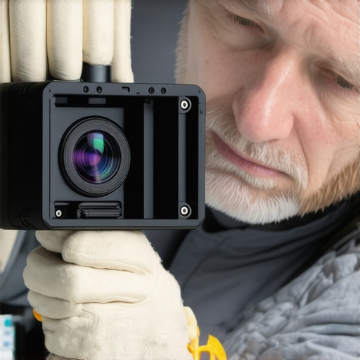 Technician inspecting camera cage with tools for wear and tear.