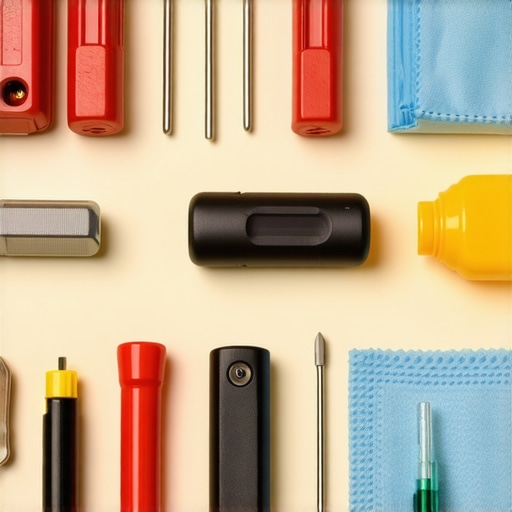 Tools for maintaining a professional camera rig, including screwdrivers, lubricant, and cleaning cloth.