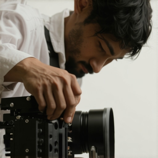 A detailed shot of a filmmaker customizing their camera rig with premium accessories.