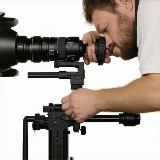 Filmmaker adjusting support accessories on camera rig for stability