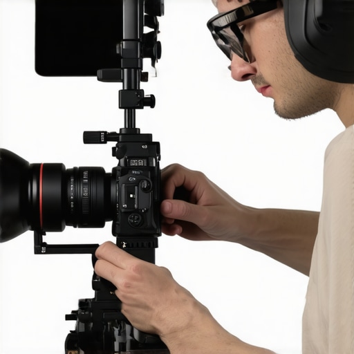 Optimized Camera Rig Setup for Filmmaking Close-up of a filmmaker setting up a camera rig with various support accessories and balanced weights.