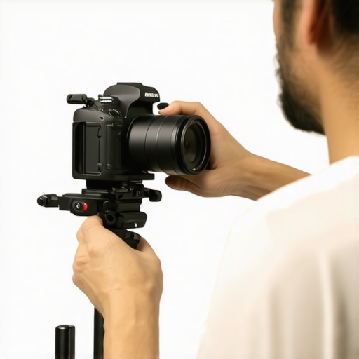 Filmmaker attaching camera to quick-release rig with a handle