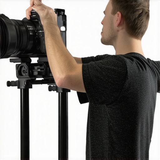 A filmmaker fine-tuning a professional camera shoulder rig for stability