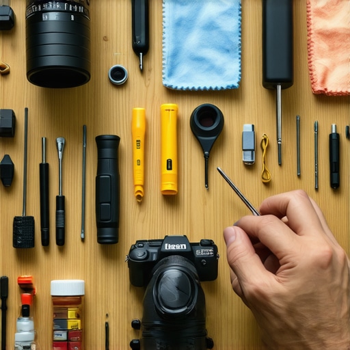 Tools and lubricants for maintaining professional camera rigs laid out on a workbench.