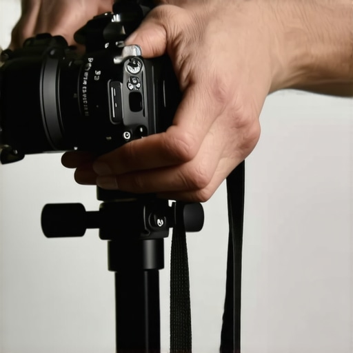 Close-up of a photographer positioning an ergonomic handle on a camera rig with wrist support features.