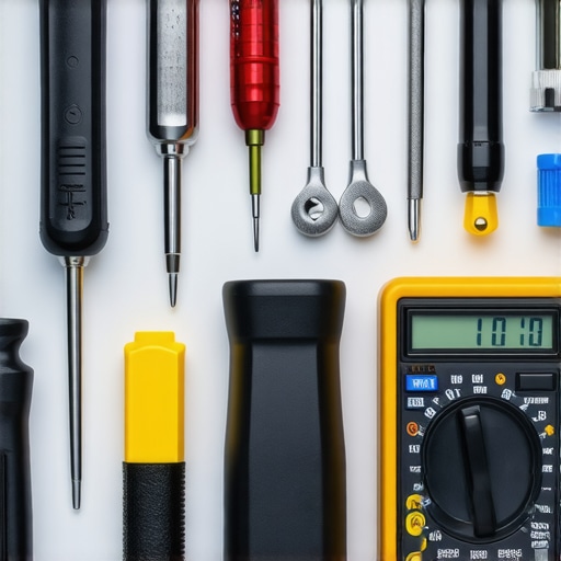 Essential Tools for Maintaining Camera Rigs A collection of professional tools used for camera rig maintenance, including screwdrivers and a multimeter.