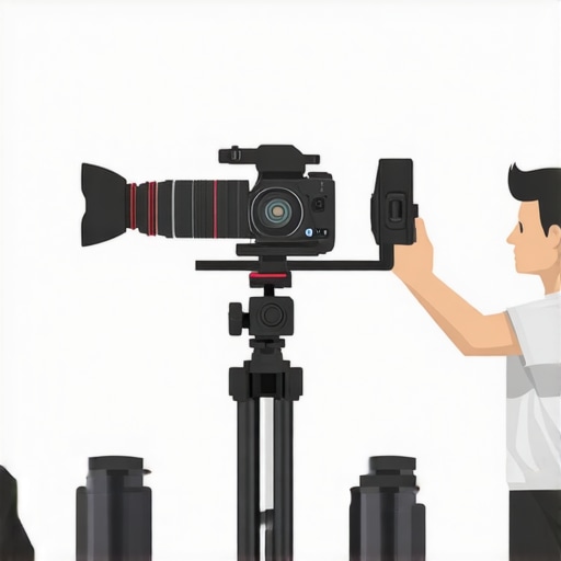 Illustration showing a filmmaker fine-tuning their camera rig for optimal balance and comfort.