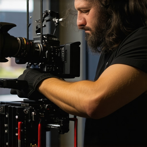 Professional Camera Rig Maintenance A filmmaker inspecting and tightening support components on a camera rig for optimal stability.