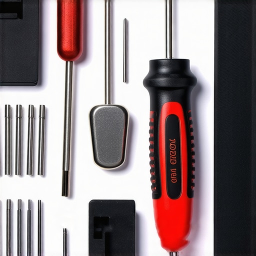 Camera rig maintenance toolkit with screwdrivers, dampers, and cable management clips on a workbench.