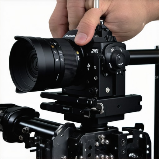 Hand using precision screwdriver on camera support rig during maintenance