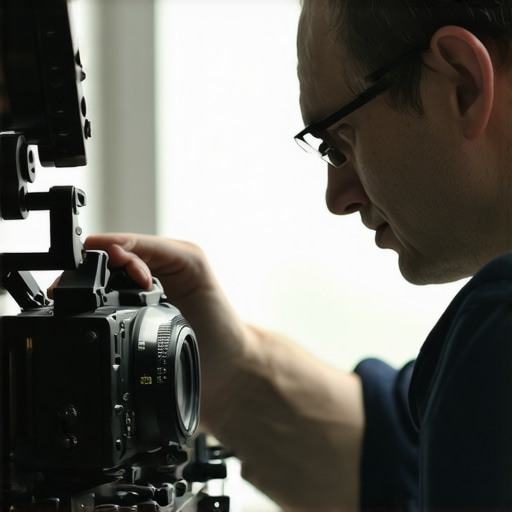 Technician performing maintenance on a camera rig with tools