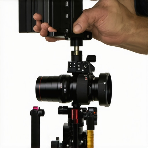 A filmmaker tightening support clamps on a professional camera rig to prevent wobble.