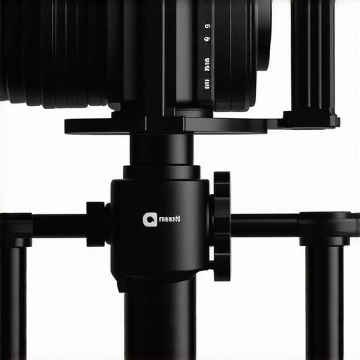 Detailed view of a camera shoulder rig with counterweights and extension arms showing proper balance