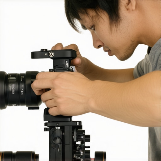 Filmmaker adjusting support components on a professional camera rig to fix imbalance