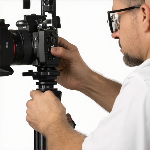 Technician using tools to maintain a camera rig during a shoot.