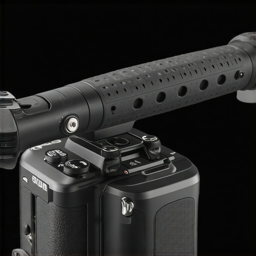 Detailed view of a camera rig top handle showing anti-slip grips and locking mechanisms